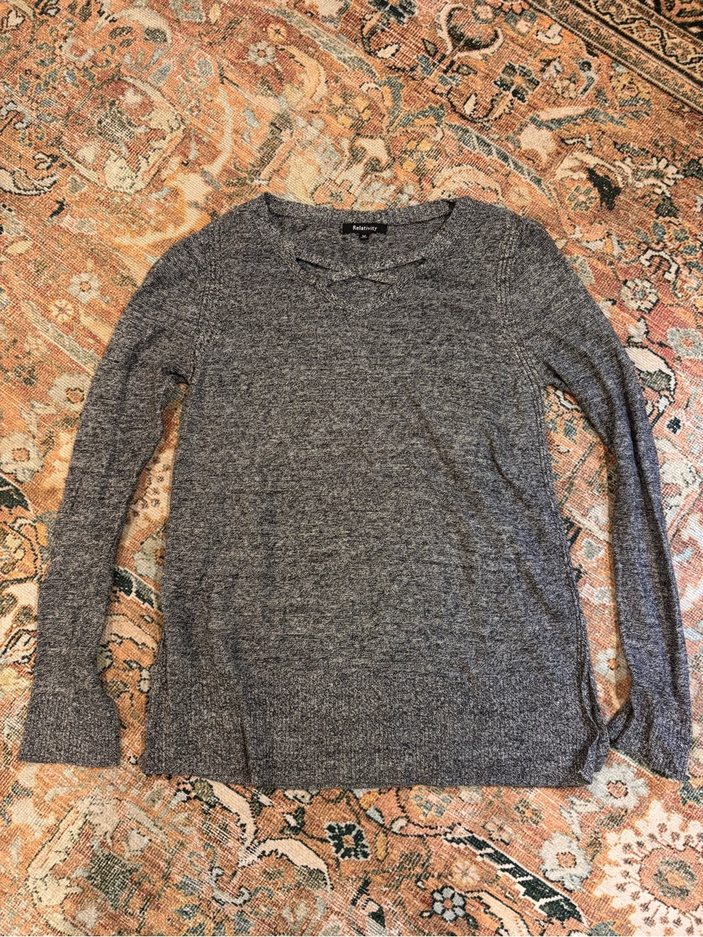 Relativity Gray Heather Crewneck Sweater with V-Neck Cutout